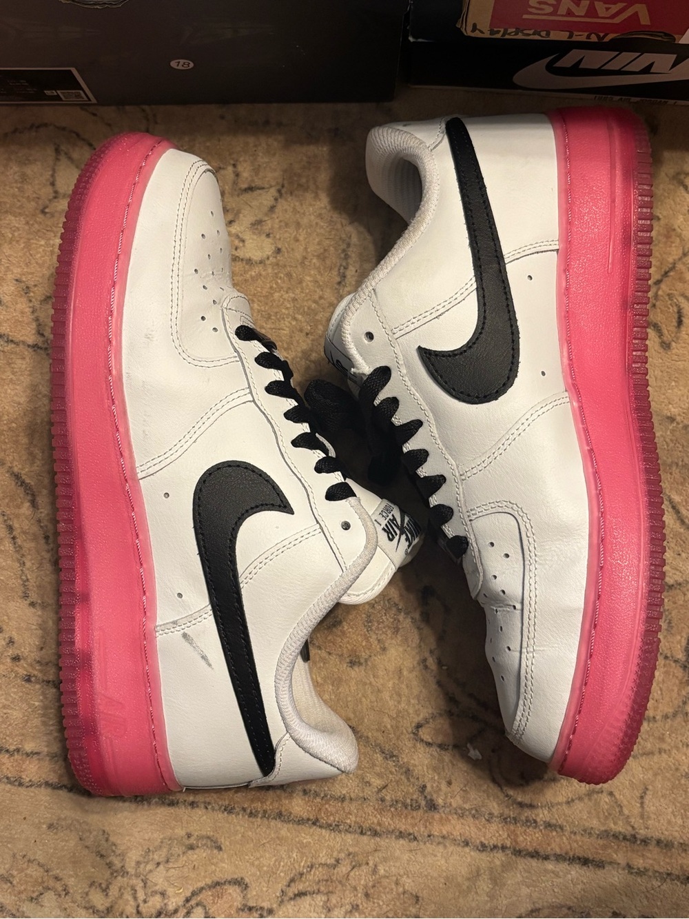 Custom ID Nike Women’s Low-Top Sneaker in White with Black Swoosh and Pink Sole